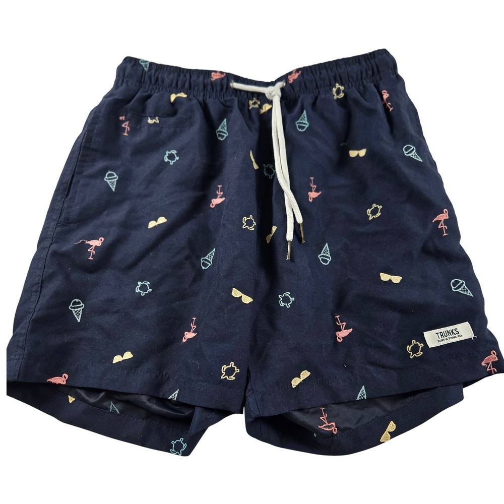Trunks Surf & Swim Co Swim Trunks Men's Small Navy-Blue Embroidered Flamingo‎